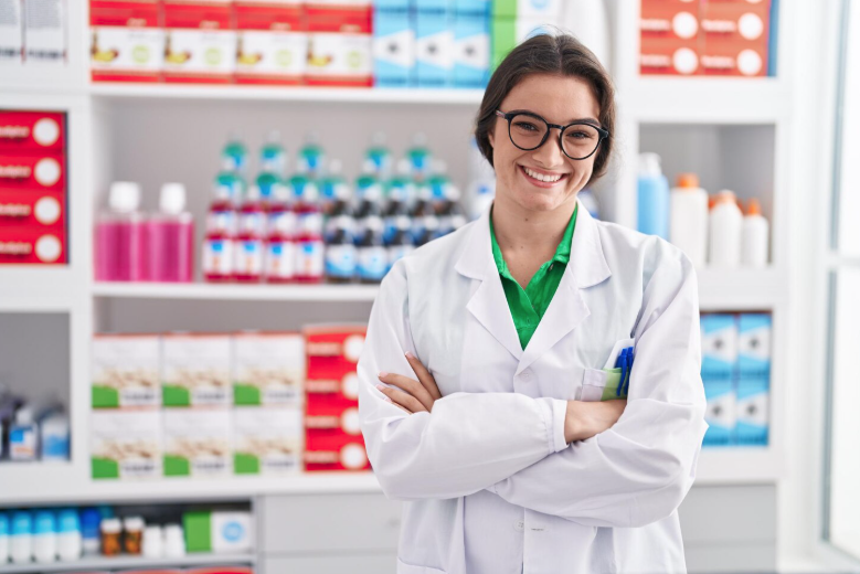 A friendly female pharmacist with a warm smile, wearing a white coat, standing in a bright, modern, and clean pharmacy aisle, high-resolution photograph
