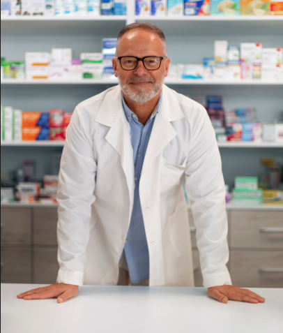 A cheerful female pharmacist with glasses and a white coat, smiling with arms crossed, standing in a brightly lit, modern pharmacy with neatly arranged shelves of colorful medicine boxes in the background. Clean, professional, and welcoming aesthetic.